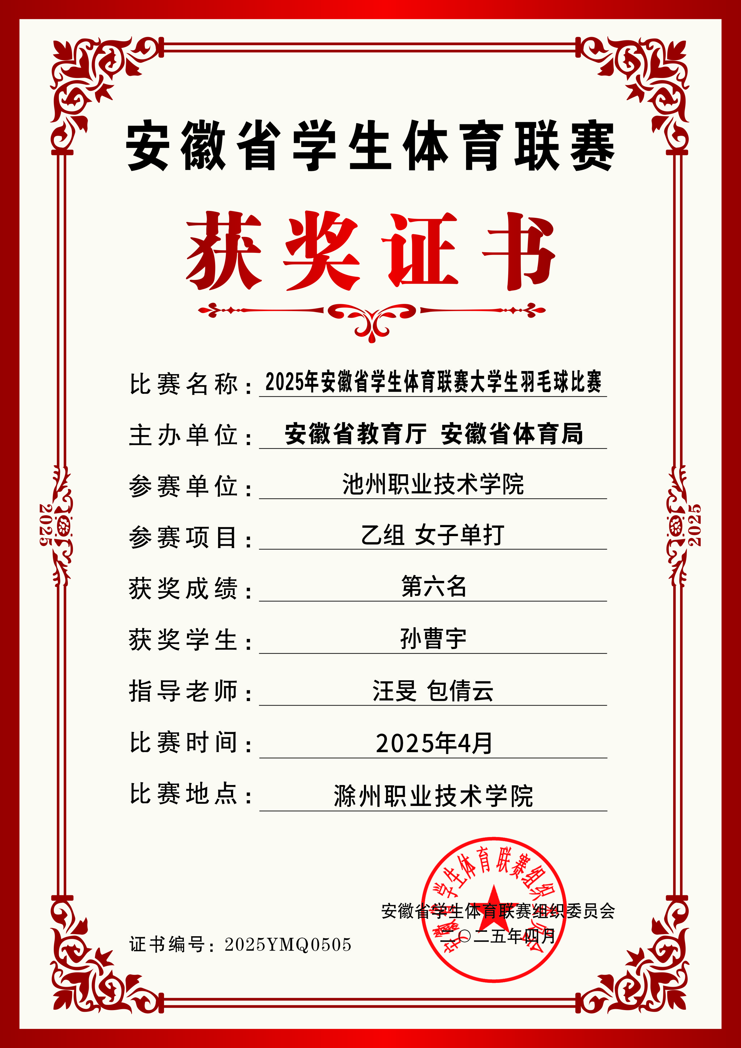 2025年安徽省学生体育联赛羽毛球比赛学院代表队获奖证书